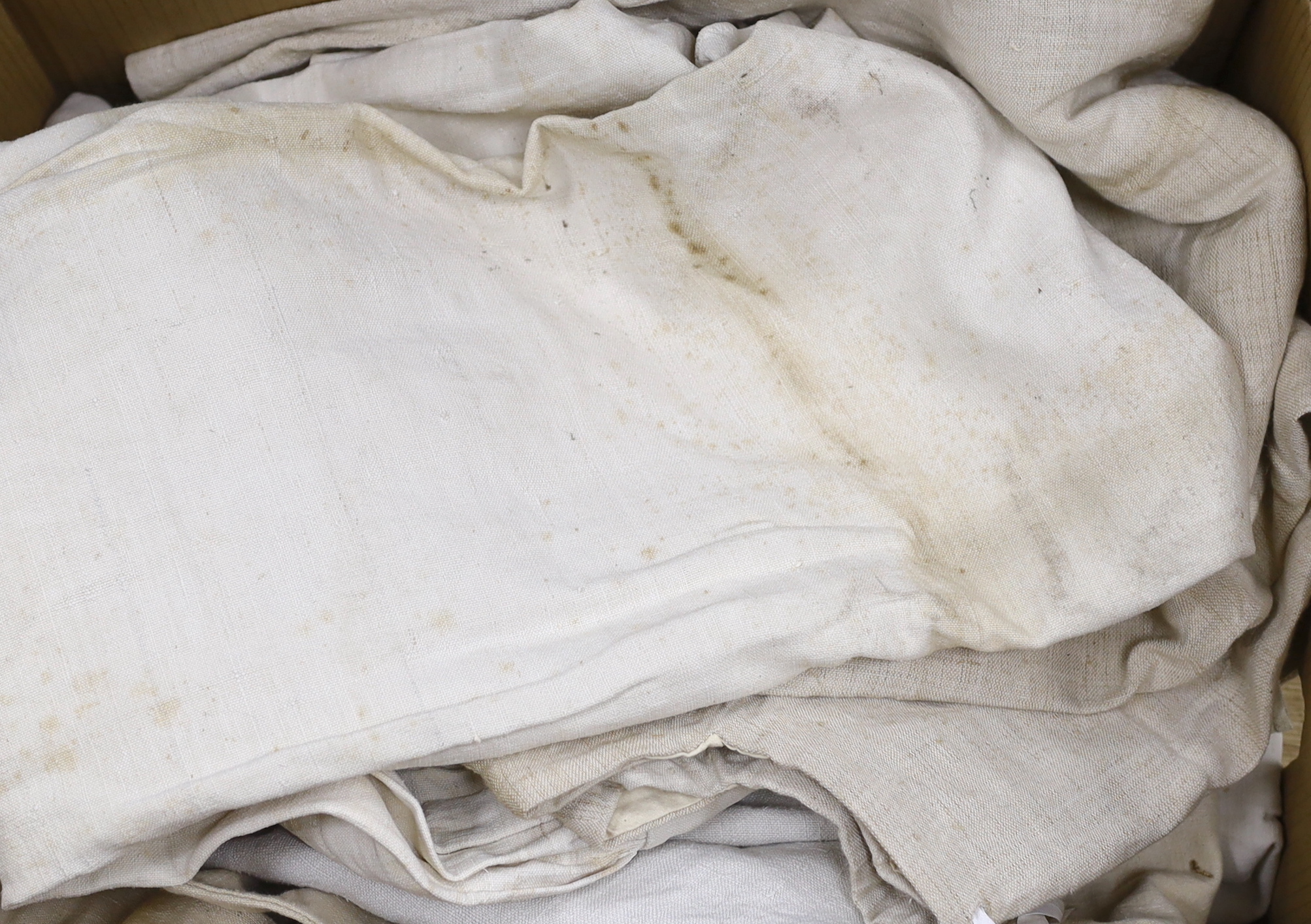 Six French coarse linen farm workers smocks